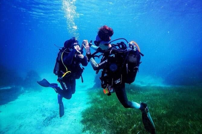 A pair of divers hovering together over the sand